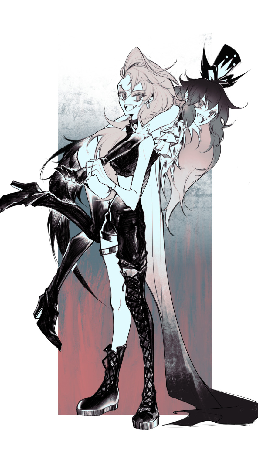 2girls absurdres black_hair cape demon_girl helluva_boss highres limited_palette long_hair looking_at_viewer loona_(helluva_boss) multiple_girls octavia_(helluva_boss) raised_eyebrows white_hair zhu_xing_pupupu