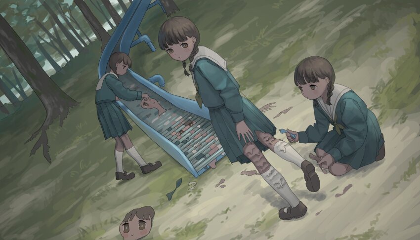 3girls blue_serafuku blue_skirt body_horror braid dutch_angle glue grass green_neckerchief highres multiple_girls neckerchief original outdoors pleated_skirt school_uniform serafuku shoes short_hair skirt slide socks surreal tensen_(dotted_line) tree twin_braids uwabaki white_socks