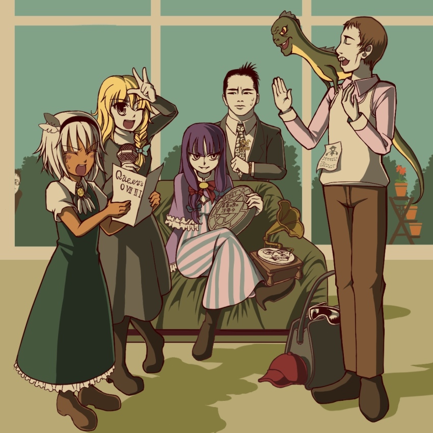 3boys 3girls asatsuki_(cookie) baseball_cap black_dress black_hair black_hairband black_jacket blonde_hair blouse blue_bow blunt_bangs boots bow braid brown_hair brown_pants capelet chair closed_eyes closed_mouth collared_shirt commentary_request cookie_(touhou) dinosaur dinosaur_adventure dress feather_hair_ornament feathers formal_clothes frilled_sleeves frills full_body glasses green_dress hair_bow hair_ornament hairband hat highres holding holding_microphone indoors jacket jyu_(cookie) kirisame_marisa konpaku_youmu long_dress long_hair long_sleeves looking_at_another looking_to_the_side manatsu_no_yo_no_inmu meme microphone multi-tied_hair multiple_boys multiple_girls music necktie one_eye_closed open_mouth oro_(dinosaur_adventure) pants patchouli_knowledge peeking phonograph pink_shirt plant potted_plant purple_capelet purple_eyes purple_hair red_bow red_headwear rei_(cookie) shirt shoes short_hair side_braid singing single_braid sitting striped_clothes striped_dress suit sunglasses sunglasses_removed sweat taisa_(cookie) touhou tsuno_(nicoseiga11206720) unworn_eyewear unworn_headwear vertical-striped_clothes vertical-striped_dress very_short_hair w watch white_hair white_shirt window wristwatch yee_(meme) yellow_eyes