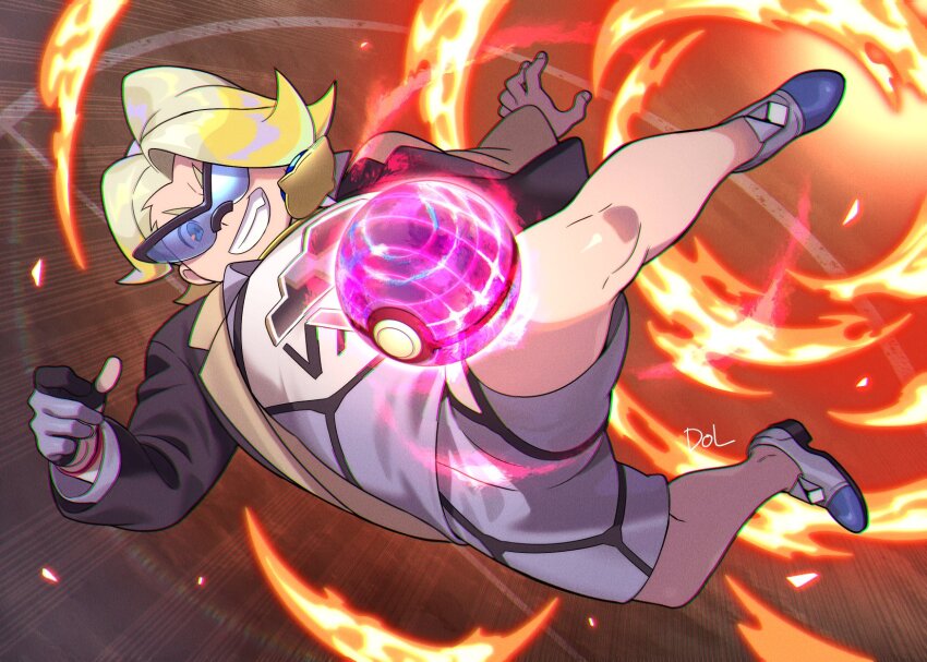 1boy black_jacket blonde_hair blue-tinted_eyewear dolustoy fiery_background fire full_body gloves gordie_(pokemon) highres jacket kicking male_focus multicolored_footwear multicolored_gloves nintendo poke_ball pokemon pokemon_swsh short_shorts shorts single_glove solo tinted_eyewear