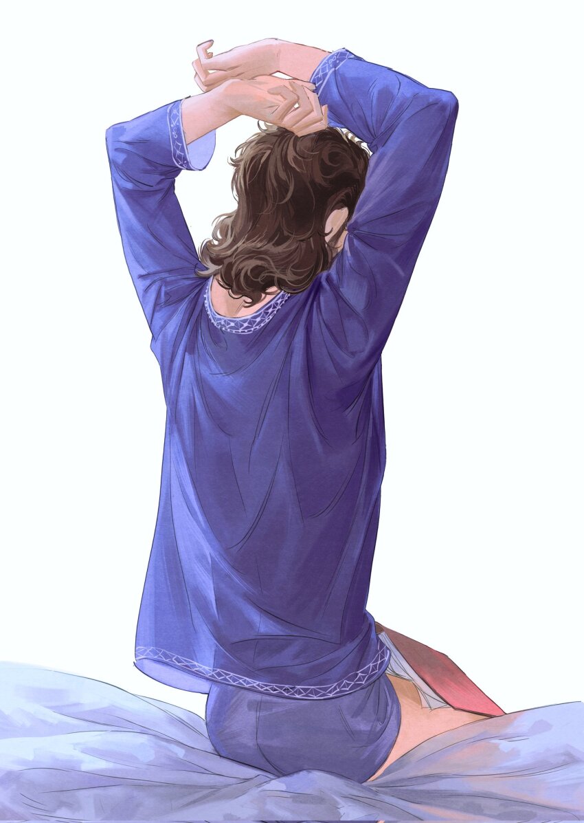 1boy arms_up baldur&#039;s_gate baldur&#039;s_gate_3 book brown_hair commentary dungeons_&amp;_dragons dungeons_&amp;_dragons from_behind gale_(baldur&#039;s_gate) hashtag-only_commentary highres long_sleeves male_focus male_underwear on_lap open_book purple_male_underwear purple_shirt shell_ke shirt sitting solo stretching underwear wavy_hair white_background