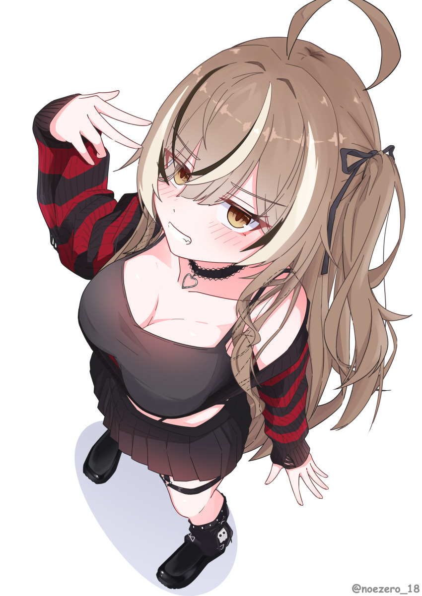 1girl ahoge artist_name black_boots black_bra black_choker black_skirt boots bra breasts brown_eyes brown_hair choker cleavage clenched_teeth clothes_pull from_above full_body grin hand_up heart heart_choker highres hololive hololive_english jitome lace lace_choker large_breasts looking_at_viewer multicolored_hair nanashi_mumei nanashi_mumei_(emo) noeee official_alternate_costume skirt sleeves_past_wrists smile solo streaked_hair striped_clothes sweater sweater_pull teeth thigh_strap twitter_username underwear virtual_youtuber