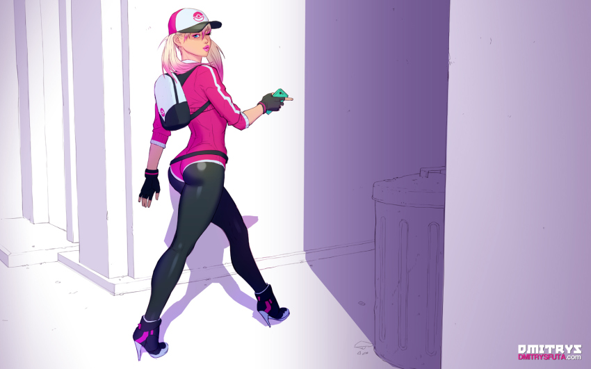 1boy ;) alley ankle_boots ass backpack bag baseball_cap belt black_pantyhose blonde_hair blue_eyes boots cellphone come_hither cosplay dmitrys eyeshadow female_protagonist_(pokemon_go) female_protagonist_(pokemon_go)_(cosplay) fingerless_gloves full_body gloves gradient_hair hat high_heel_boots high_heels highres lipstick long_hair makeup male_focus multicolored_hair nintendo one_eye_closed original pantyhose pantyhose_under_shorts peach_(dmitrys) phone pink_hair pointing pokemon pokemon_go prostitution puckered_lips short_shorts shorts smartphone smile solo trap twintails walking wink