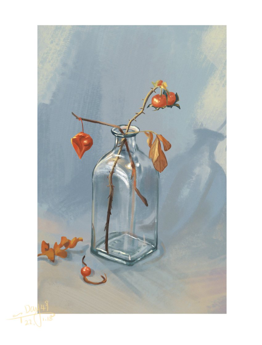 border chinese_commentary commentary_request dated glass_bottle grey_background highres leaf no_humans object_focus original sanshui_guantang shadow signature tomato white_border