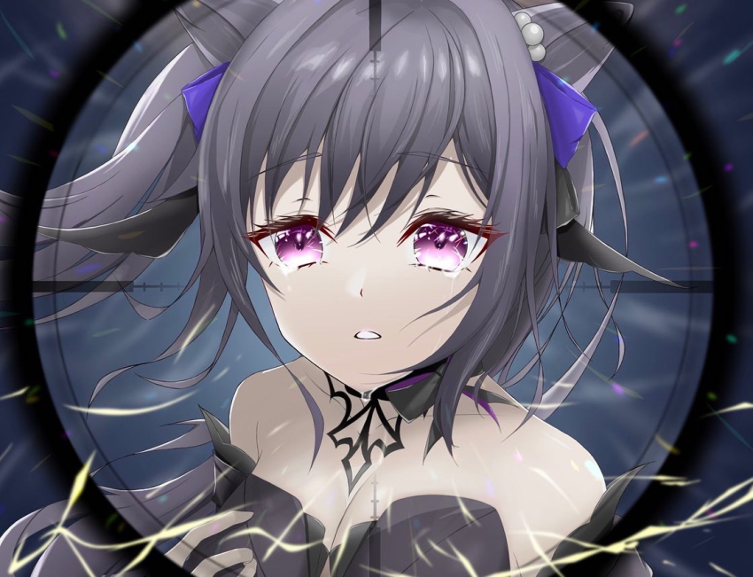 1girl breasts cone_hair_bun crying crying_with_eyes_open double_bun ehzfnqnfkbwxczf genshin_impact gloves hair_between_eyes hair_bun hibana_(vocaloid) keqing_(genshin_impact) keqing_(opulent_splendor)_(genshin_impact) long_hair looking_at_viewer parody purple_hair solo tears twintails