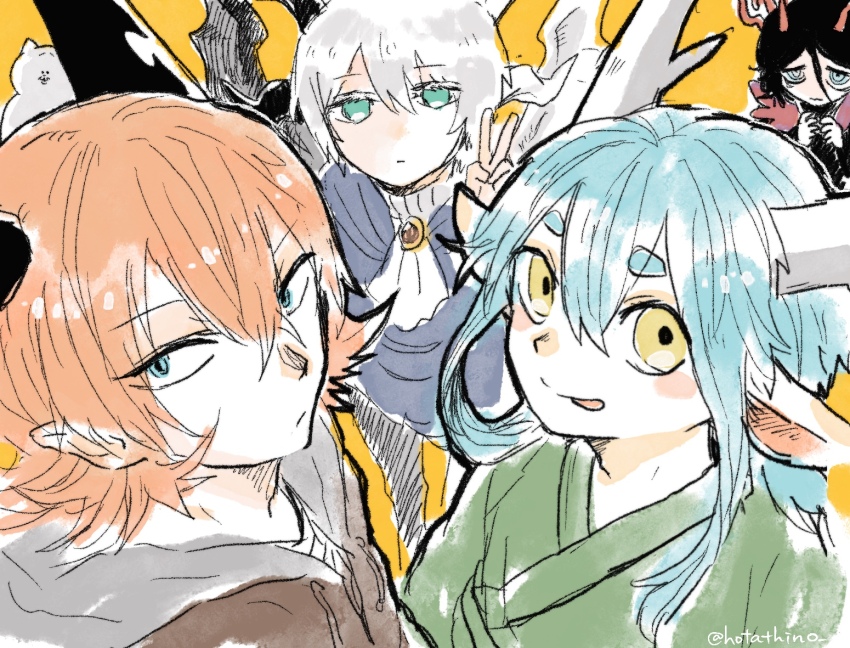 1other 4boys animal_ears aqua_eyes blue_coat blue_eyes blue_hair brown_jacket centauroid coat commentary_request dragon_boy dragon_ears dragon_horns dragon_wings eastern_dragon_horns green_kimono horns hotathino jacket japanese_clothes kimono long_hair looking_at_viewer monster_boy multiple_boys orange_hair original pointy_ears short_hair simple_background taur v white_hair wings yellow_background yellow_eyes