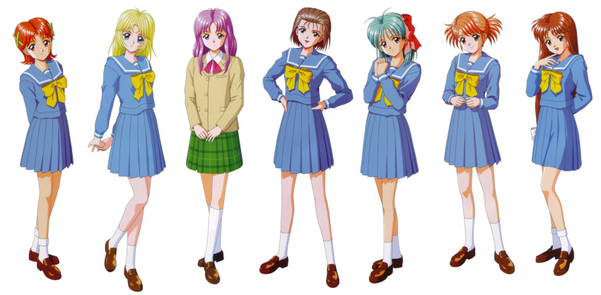 1990s_(style) 6+girls akiho_minori annotated antenna_hair aqua_hair arms_behind_back blonde_hair blue_eyes blue_skirt brown_hair hair_ornament hairclip hands_on_own_hips highres izumi_kyoko izumi_kyouko juuichiya_megumi kokura_masashi lineup long_hair marikawa_natsue misaki_suzune multiple_girls munakata_naomi official_art orange_hair own_hands_clasped own_hands_together patricia_mcgrath plaid_clothes plaid_skirt pleated_skirt purple_eyes purple_hair red_eyes red_hair retro_artstyle scan school_uniform serafuku short_hair short_twintails skirt socks tokimeki_memorial tokimeki_memorial_pocket twintails