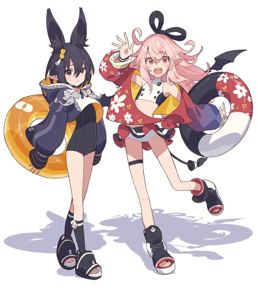 2girls animal_ears bikini black_hair black_legwear blue_eyes blush bow choker commentary_request demon_tail demon_wings expressionless frilled_thigh_strap hair_bow hair_ornament highres holding holding_swim_ring innertube jacket multiple_girls narumi_arata one-piece_swimsuit open_mouth original pink_eyes pink_hair pointy_ears recri_(narumi_arata) ribbon shadow short_hair simple_background socks standing standing_on_one_leg swim_ring swimsuit swimsuit_skirt swimsuit_under_clothes tail thigh_strap white_background white_bikini wings