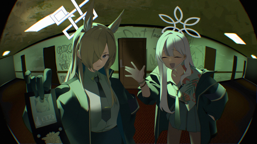 1girl absurdres animal_ear_fluff animal_ears blonde_hair blue_archive breasts carpet ceiling_light death_momoi_(meme) dog_ears dog_girl door fisheye graffiti grey_eyes grey_hair hair_over_one_eye hallway halo hawaiian_shirt highres jacket kanna_(blue_archive) konoka_(blue_archive) long_hair mask meme momoi_(blue_archive) mouth_mask necktie police_badge pov_peephole shirt toriko_(honmono) yuuka_(blue_archive)