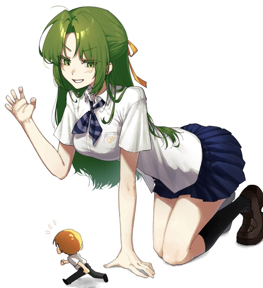 1boy 1girl all_fours black_socks blonde_hair blue_bow blue_bowtie blue_skirt bow bowtie brown_shoes collared_shirt green_eyes green_hair grin highres higurashi_no_naku_koro_ni houjou_satoshi ihwa0283 kneehighs loafers long_hair looking_at_another mini_person miniboy miniskirt pleated_skirt school_uniform shirt shoes short_sleeves simple_background skirt smile socks sonozaki_shion v-shaped_eyebrows white_background white_shirt