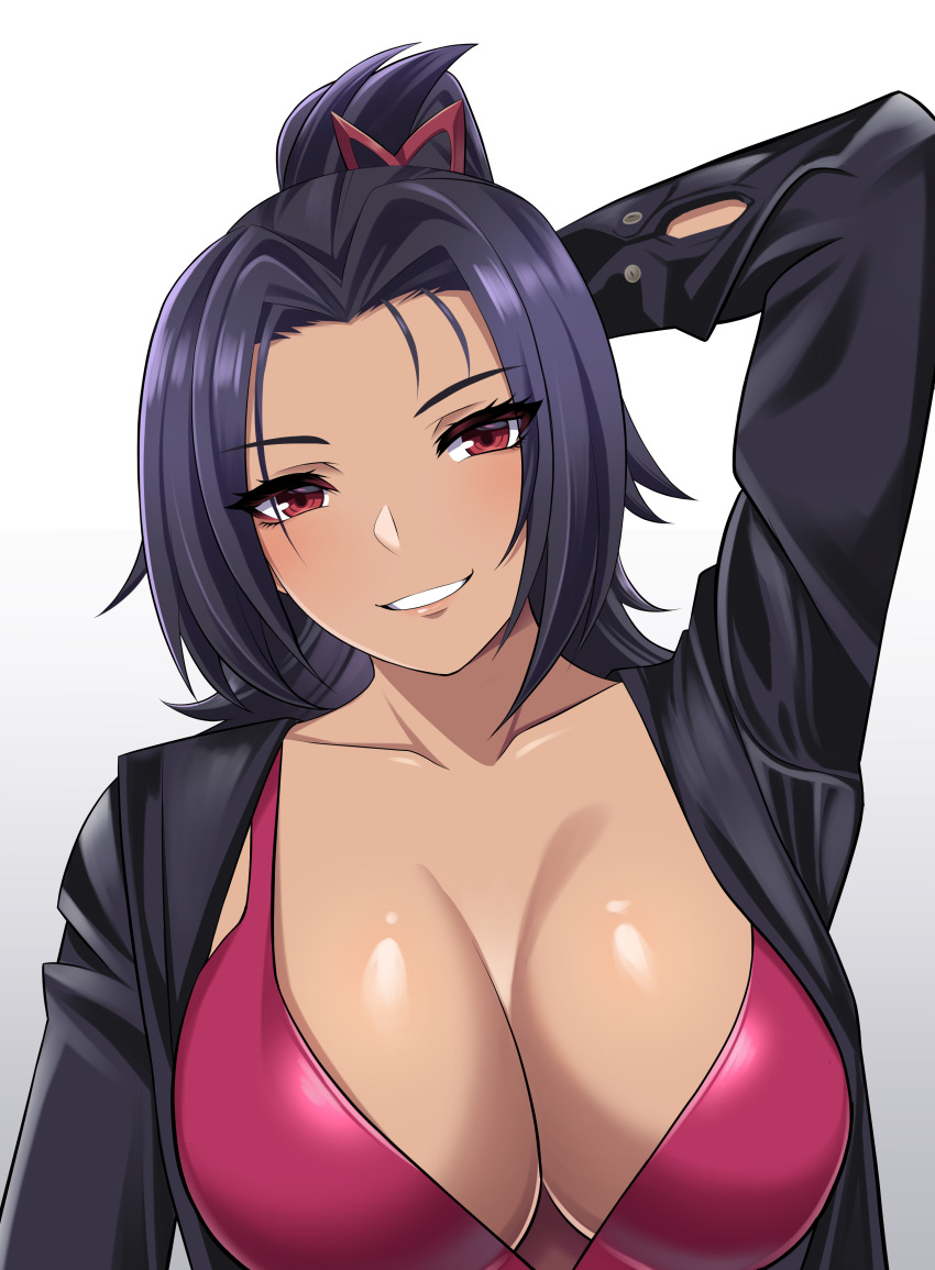 1girl absurdres arm_behind_head ashera_(xenoblade) black_hair black_jacket breasts cleavage collarbone commentary_request dark-skinned_female dark_skin eyelashes highres jacket large_breasts looking_at_viewer namu_(112namu) open_clothes open_jacket ponytail red_eyes simple_background smile solo upper_body white_background xenoblade_chronicles_(series) xenoblade_chronicles_3
