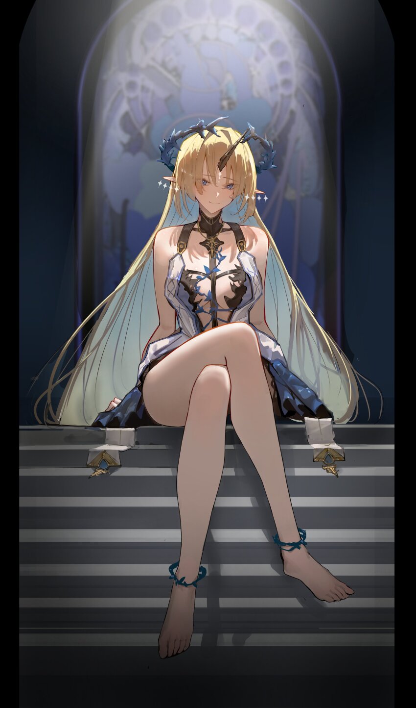 1girl absurdres bare_shoulders barefoot black_collar blonde_hair blue_eyes blue_hair breasts closed_mouth collar commentary crossed_legs crown_of_thorns earrings english_commentary feet fleurdelys_(wuthering_waves) floating_earrings highres huinjebi jewelry large_breasts long_hair looking_at_viewer necklace pillarboxed pointy_ears sidelocks sitting smile solo tabard tacet_mark_(wuthering_waves) thighs toes very_long_hair white_tabard wuthering_waves