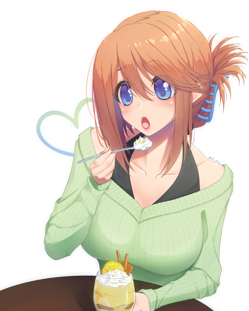 1girl absurdres blue_eyes breasts brown_hair folded_ponytail food green_sweater highres holding holding_spoon komaki_manaka medium_breasts parfait rein_akane ribbed_sweater solo spoon sweater to_heart_(series) to_heart_2 white_background