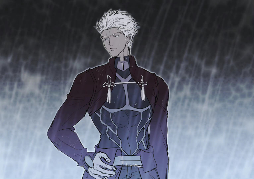 1boy archer_(fate) commentary covered_abs dark-skinned_male dark_skin fate/stay_night fate_(series) frown hand_on_own_hip looking_to_the_side male_focus rain shinkaifuyuki signature solo upper_body white_hair