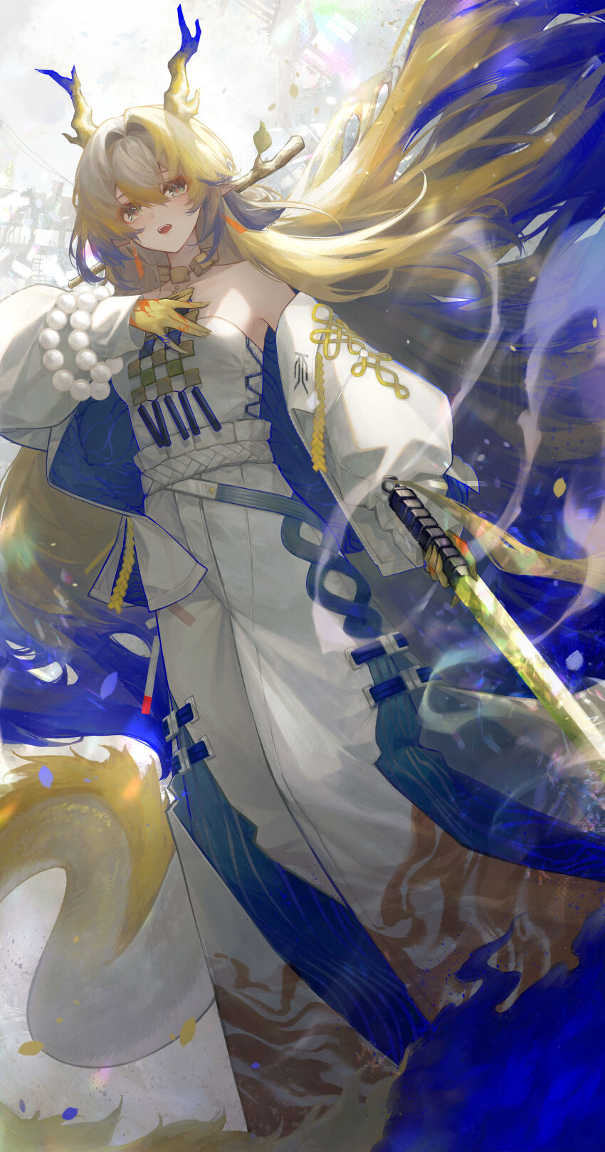 1girl absurdres arknights bare_shoulders beads blonde_hair blue_hair collarbone colored_extremities colored_skin colored_tips commentary detached_sleeves dragon_girl dragon_horns dutch_angle eastern_dragon_tail grey_eyes hair_spread_out hand_on_own_chest highres holding holding_sword holding_weapon horns ijac_ray jewelry long_hair looking_at_viewer multicolored_hair multicolored_horns necklace open_mouth parted_lips pointy_ears shu_(arknights) solo sword teeth two-tone_hair upper_teeth_only very_long_hair weapon yellow_skin