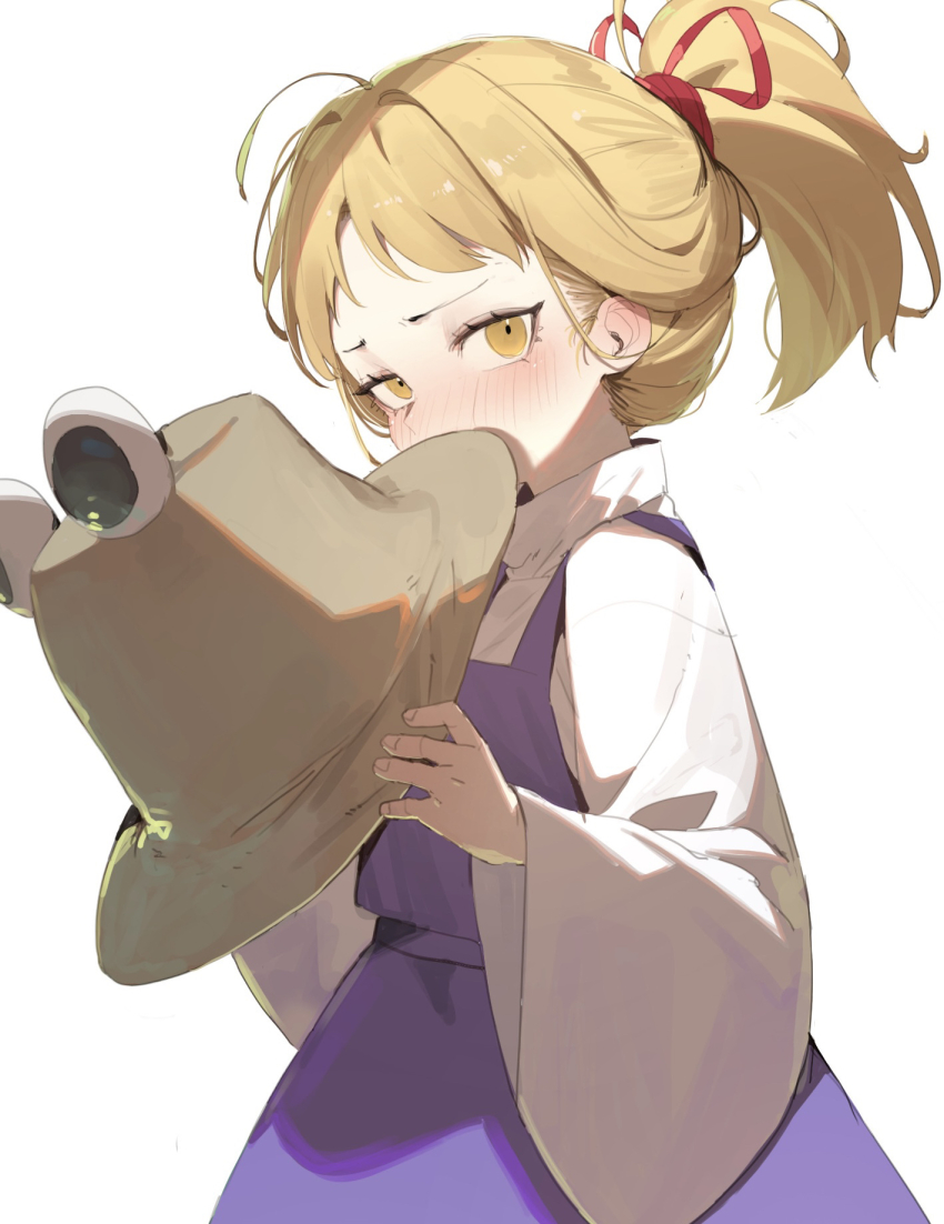 1girl blonde_hair blush brown_hat commentary_request covering_own_mouth dress hair_ribbon hair_tie hashtag-only_commentary hat heoningu highres long_sleeves looking_at_viewer moriya_suwako ponytail purple_dress ribbon simple_background solo touhou wide_sleeves yellow_eyes