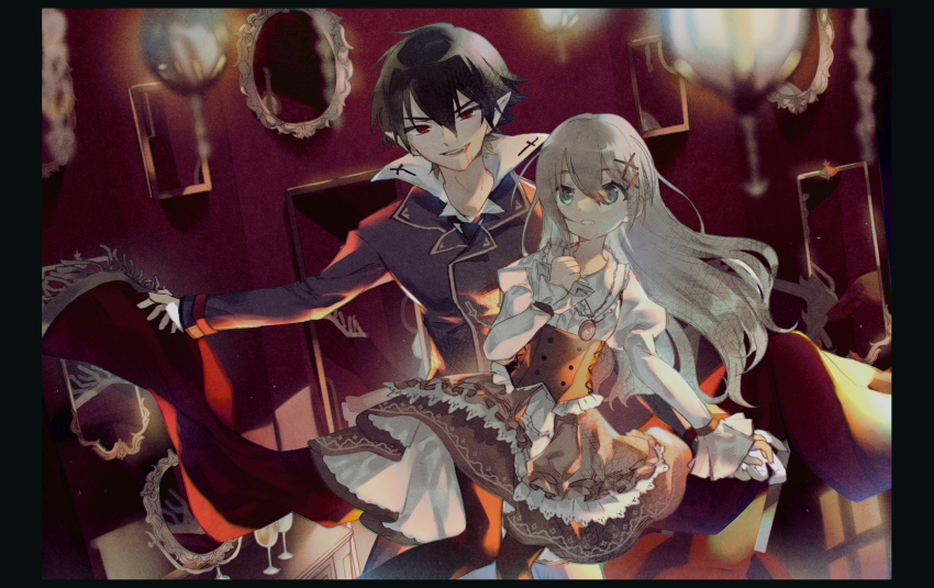 1boy 1girl arne_neuntote arne_no_jikenbo black_hair black_jacket blonde_hair blood blood_on_face blue_eyes brown_corset brown_skirt cape corset cup dress drinking_glass facing_viewer fangs highres jacket long_sleeves looking_at_another looking_at_viewer lynn_reinweiss mirror miwasiba pointy_ears red_cape red_eyes shirt skirt vampire white_shirt wine_glass
