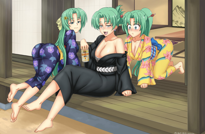00s 3girls abridged-satoko all_fours ass bare_shoulders barefoot breasts cleavage green_eyes green_hair highres higurashi_no_naku_koro_ni japanese_clothes kimono large_breasts long_hair looking_at_breasts looking_at_viewer matching_hair/eyes mature_female mother_and_daughter multiple_girls off_shoulder ponytail siblings sisters sitting soles sonozaki_akane sonozaki_mion sonozaki_shion toes yukata