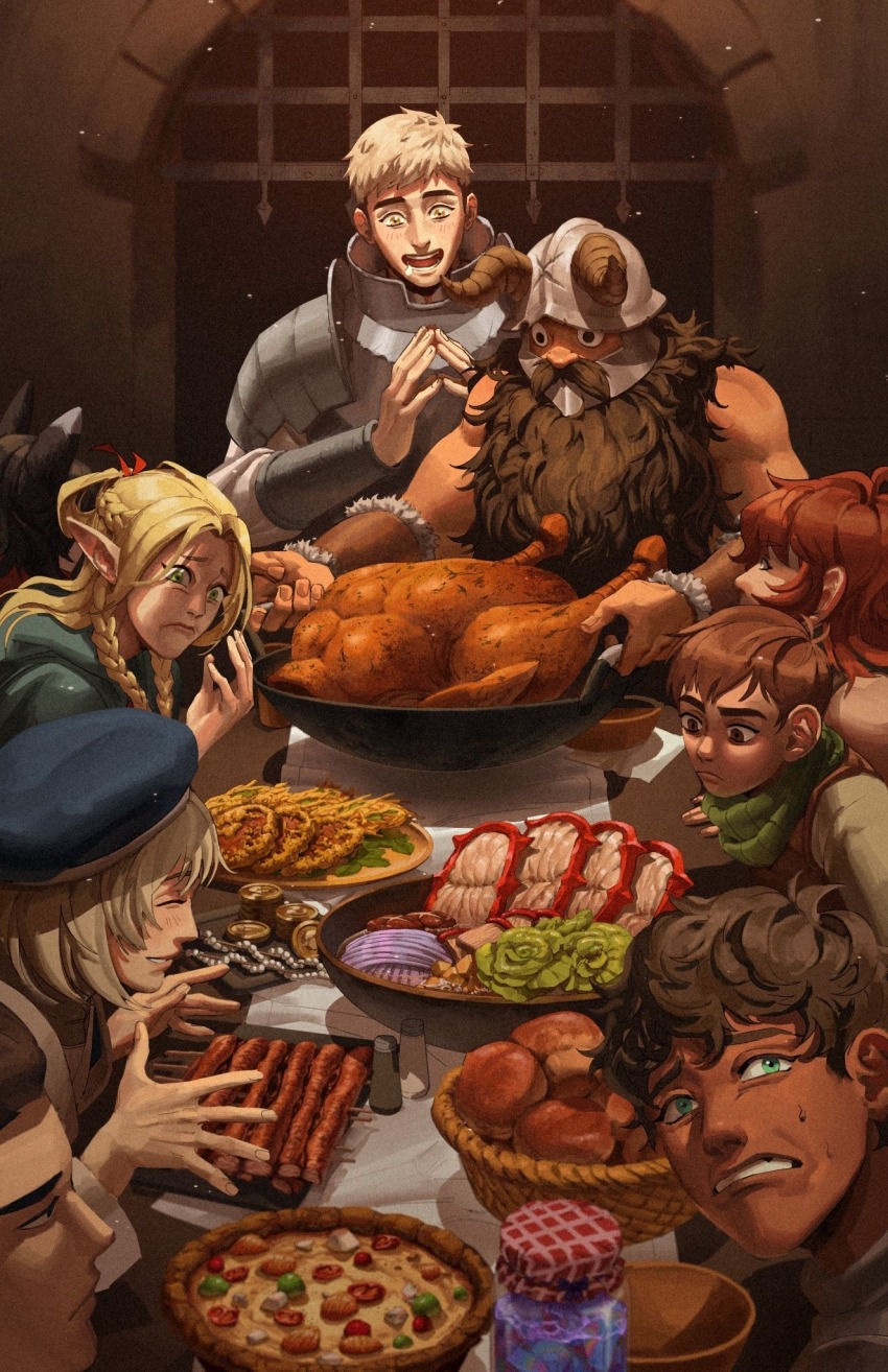 5boys 5girls armor beard black_hair blonde_hair bracer braid bread brown_hair chilchuck_tims commentary dark-skinned_male dark_skin drooling dungeon_meshi dwarf english_commentary facial_hair fake_horns falin_touden fine_art_parody food freedom_from_want_(rockwell) frown green_eyes green_scarf haddockkkk hat helmet highres horned_helmet horns indoors izutsumi jam kabru laios_touden marcille_donato multiple_boys multiple_girls namari_(dungeon_meshi) parody pointy_ears scarf senshi_(dungeon_meshi) shurou skewer steepled_fingers treasure_bug_(dungeon_meshi) turkey_(food)