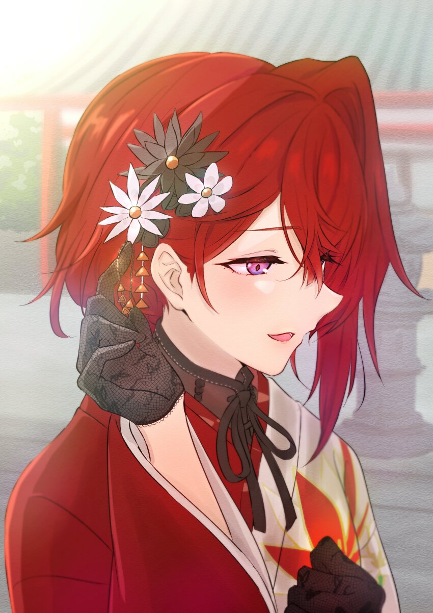 1girl absurdres ange_katrina ange_katrina_(new_year) black_flower black_gloves commentary_request diamond-shaped_pupils diamond_(shape) eyelashes floral_print floral_print_kimono flower gloves hair_flower hair_ornament hand_up hanekonoe highres japanese_clothes kimono lace lace_gloves light_blush long_bangs long_sleeves looking_down medium_hair nijisanji open_mouth outdoors print_kimono purple_eyes red_hair red_kimono shrine single_hair_intake solo symbol-shaped_pupils upper_body virtual_youtuber white_flower white_kimono