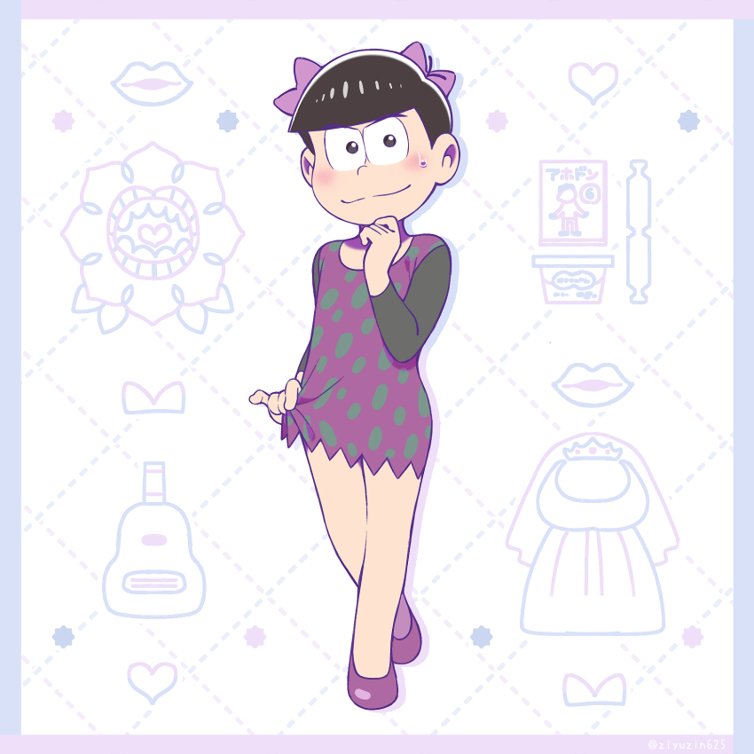 1boy beer_bottle bow bridal_veil clenched_hand cosplay crossdressing crossed_legs crown cup dobusu_(osomatsu-san) dobusu_(osomatsu-san)_(cosplay) dress food hair_bow hand_on_own_chin highres ice_cream_cup jiyuuto_(cocyco) lips matsuno_karamatsu multiple_hair_bows official_style osomatsu-san osomatsu_(series) plant_monster polka_dot polka_dot_dress popsicle purple_dress purple_footwear skirt_hold smile sweater thick_eyebrows veil watson_cross