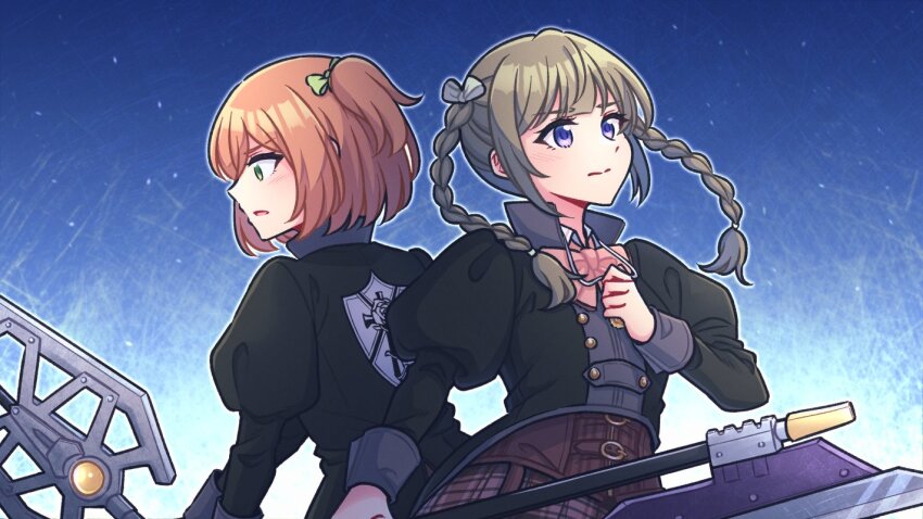 2girls akamirai amamiya_sophia_seren arm_at_side assault_lily belt belt_buckle blue_background bow bowtie braid brown_belt brown_hair brown_skirt buckle closed_mouth commentary_request corset gradient_background green_bow green_eyes grey_bow hair_bow hand_up holding holding_jewelry holding_necklace holding_weapon jewelry juliet_sleeves kishimoto_lucia_raimu long_hair long_sleeves looking_ahead looking_down looking_up ludvico_private_girls&#039;_academy_school_uniform multiple_belts multiple_girls necklace one_side_up orange_hair parted_lips pendant pink_bow pink_bowtie plaid_clothes plaid_skirt profile puffy_sleeves purple_eyes school_uniform short_hair skirt standing twin_braids twintails upper_body weapon
