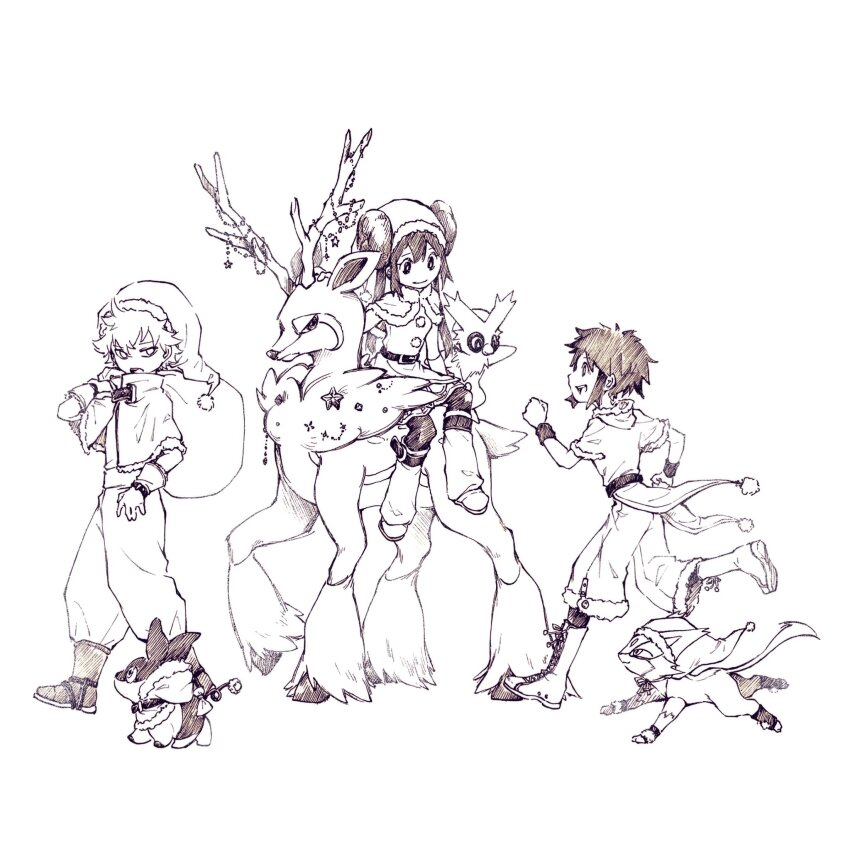 1girl 2boys antlers bag boots capelet cat clothed_pokemon delibird double_bun full_body fur_trim gen_2_pokemon gen_5_pokemon greyscale hair_bun hat highres holding holding_bag horns hugh_(pokemon) leg_warmers long_hair looking_at_another monochrome multiple_boys nate_(pokemon) nintendo official_alternate_costume open_mouth pants pig pokemon pokemon_(creature) pokemon_bw2 pokemon_masters_ex purrloin riding riding_animal rosa_(holiday_2019)_(pokemon) rosa_(pokemon) running santa_hat sawsbuck sawsbuck_(winter) simple_background smile spiked_hair standing tan_carbonnn tepig twintails white_background