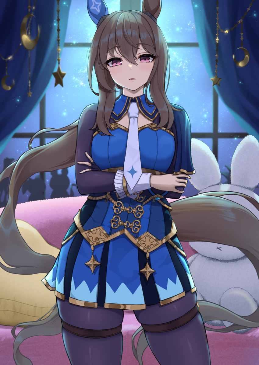 1girl absurdres admire_vega_(starry_nocturne)_(umamusume) admire_vega_(umamusume) animal_ears arms_under_breasts azuki_(azuki_azukki) black_gloves black_pantyhose blue_dress brown_hair commentary_request couch cowboy_shot crescent crossed_arms curtains cushion dress ear_covers fingerless_gloves gloves hair_between_eyes highres horse_ears horse_girl horse_tail long_hair long_sleeves looking_at_viewer pantyhose parted_lips purple_eyes single_ear_cover skindentation solo standing star_(symbol) stuffed_animal stuffed_rabbit stuffed_toy tail thigh_strap umamusume very_long_hair window