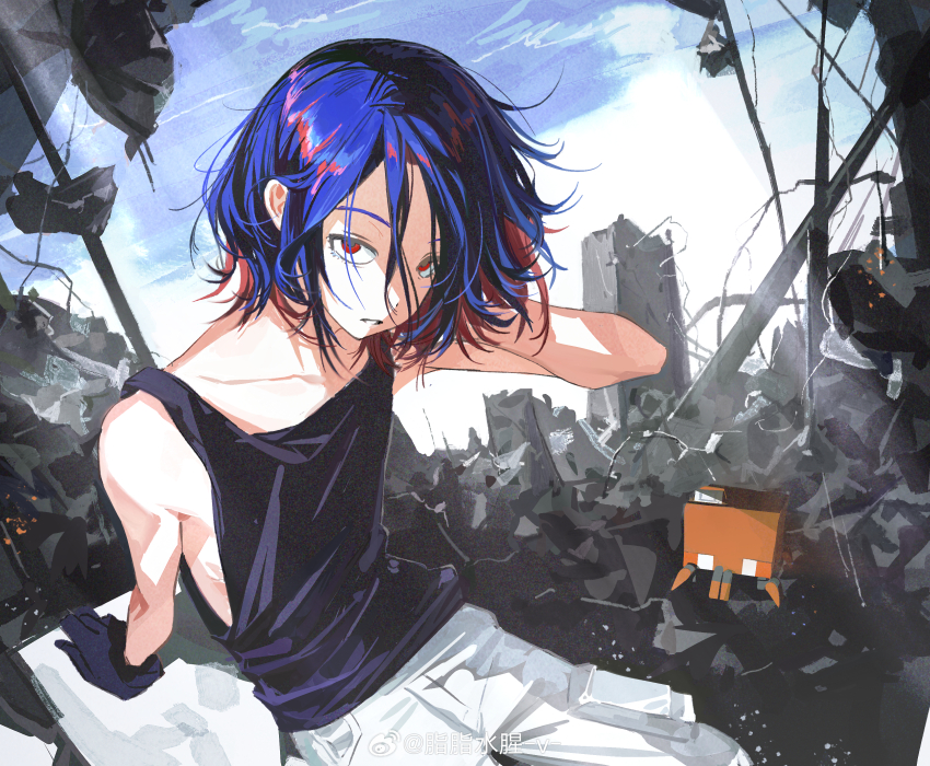 1boy absurdres blue_hair blue_sky colored_inner_hair commentary conch_(gundam) day gloves guigui_rongrong gundam gundam_gquuuuuux highres looking_at_viewer lower_eyelashes_only male_focus multicolored_hair non-humanoid_robot open_mouth pants red_eyes red_hair robot ruins short_hair shuji_ito sky sleeveless solo symbol-only_commentary tank_top two-tone_hair watermark weibo_watermark