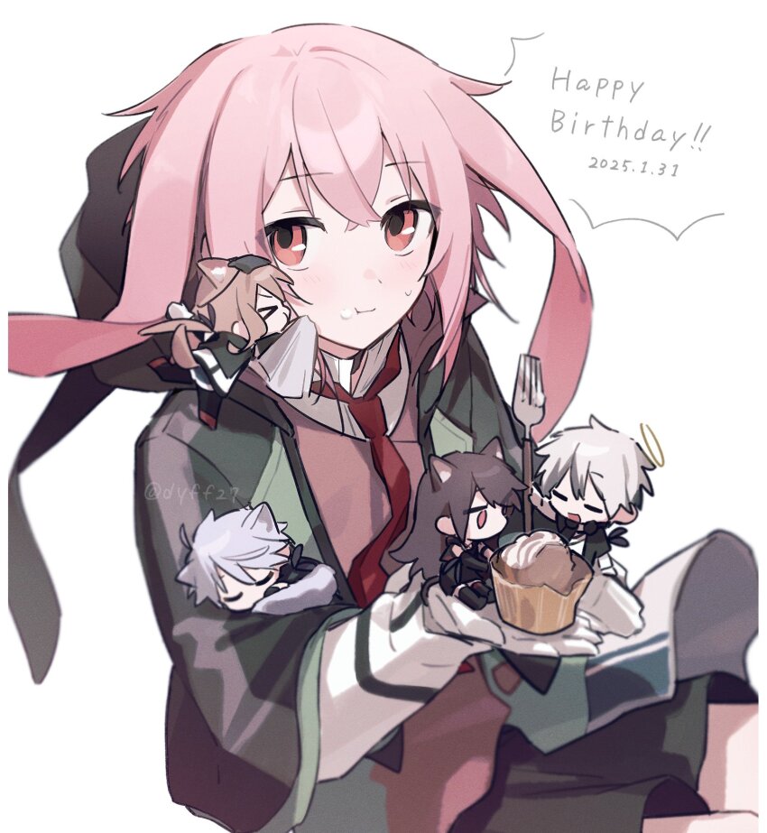 2girls 3boys adnachiel_(arknights) animal_ears ansel_(arknights) arknights black_hair brown_hair cardigan_(arknights) cat_ears cat_girl chibi closed_mouth commentary_request cupcake dated dog_ears dog_girl dog_tail food gloves grey_hair halo happy_birthday highres long_hair melantha_(arknights) multiple_boys multiple_girls necktie odjikasu pink_hair rabbit_boy rabbit_ears red_eyes red_necktie short_hair simple_background steward_(arknights) tail trap white_background white_gloves yellow_halo