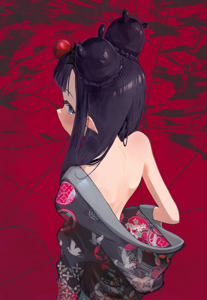 1girl absurdres back back_focus besi_(besidoesart) blue_eyes blush commentary double_bun from_above from_behind hair_bun highres hololive hololive_english japanese_clothes kimono long_hair looking_at_viewer looking_back nape ninomae_ina&#039;nis ninomae_ina&#039;nis_(new_year) open_clothes open_kimono pointy_ears purple_hair red_background single_off_shoulder solo symbol-only_commentary virtual_youtuber
