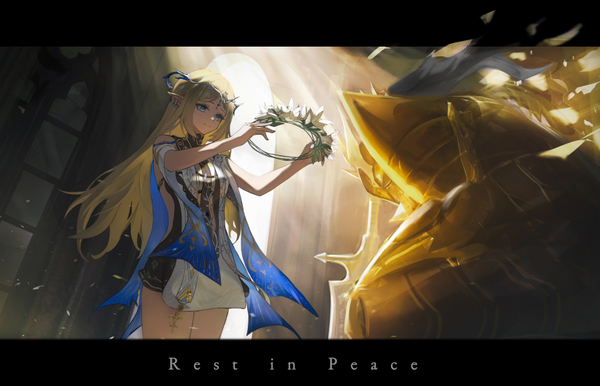 1girl 1other absurdres armor bare_shoulders black_dress blue_eyes breast_curtains breasts cartethyia_(wuthering_waves) chinese_commentary closed_mouth commentary commentary_request crown_of_thorns dress earrings english_commentary english_text highres holding_head_wreath indoors jewelry knight kosaka_kaslana letterboxed mixed-language_commentary pointy_ears rest_in_peace_(phrase) small_breasts smile tabard tacet_discord_(wuthering_waves) tacet_mark_(wuthering_waves) white_tabard wuthering_waves