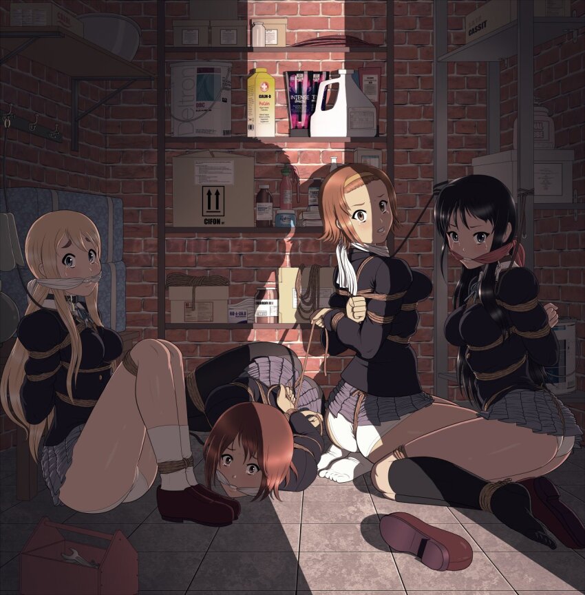 4girls akiyama_mio arms_behind_back ass bdsm black_eyes black_hair black_pantyhose black_shirt black_socks blonde_hair blue_skirt blush bondage bound bound_arms bound_breasts bound_legs bound_torso breast_bondage breasts brick_wall brown_eyes brown_hair chemicals cleave_gag clenched_hand clenched_hands clenched_teeth closet cloth_gag clothes_lift collar collared_shirt crotch_rope crying crying_with_eyes_open feet female_focus fleeing gag gagged hair_between_eyes hair_ornament hairband highres hirasawa_yui imminent_rape improvised_gag indoors k-on! kidnapped kneehighs kneeling kotobuki_tsumugi leash left_shoe_removed long_hair long_sleeves looking_at_viewer medium_breasts medium_hair multiple_girls panties pantyhose pleated_skirt reptileye rope scared school_uniform shibari shibari_over_clothes shirt shoes sidelocks single_shoe sitting skirt skirt_lift socks struggling tainaka_ritsu tearing_up tears teeth tile_floor tiles toes toolbox underwear untying unworn_shoes white_panties white_socks wide-eyed worried wrench