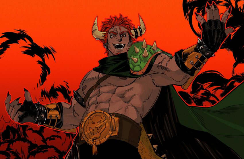 1boy abs bara bare_pectorals belt bowser bracelet cape championship_belt character_print cowboy_shot dark-skinned_male dark_skin demon_horns fingerless_gloves fingernails fuxkedup893 gloves highres horns humanization jewelry large_pectorals male_focus mario_(series) mature_male monster_boy muscular muscular_male nintendo nipples outstretched_arms pectorals red_background reptile_boy sharp_fingernails sharp_teeth solo spiked_bracelet spikes spread_arms standing teeth