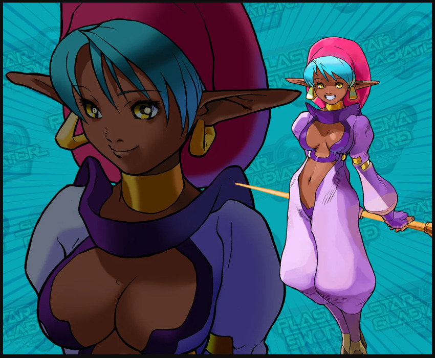 1girl bengus blue_background blue_hair breasts copyright_name dark-skinned_female dark_skin earrings gloves grin hat holding holding_staff jewelry large_breasts long_pointy_ears looking_at_viewer luca_(star_gladiator) multiple_views navel non-web_source official_art photoshop_(medium) pointy_ears purple_gloves short_hair smile staff star_gladiator