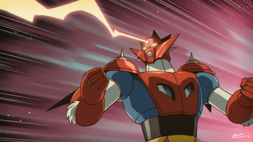 arm_blade armor blue_armor clenched_hands energy_beam forehead_beam getter_beam getter_dragon getter_robo getter_robo_g glowing glowing_eyes hands_up head_spikes highres laser mecha mecha_focus miroku_(miroku_t) multicolored_armor no_humans red_armor robot shoulder_spikes spikes super_robot upper_body weapon yellow_eyes