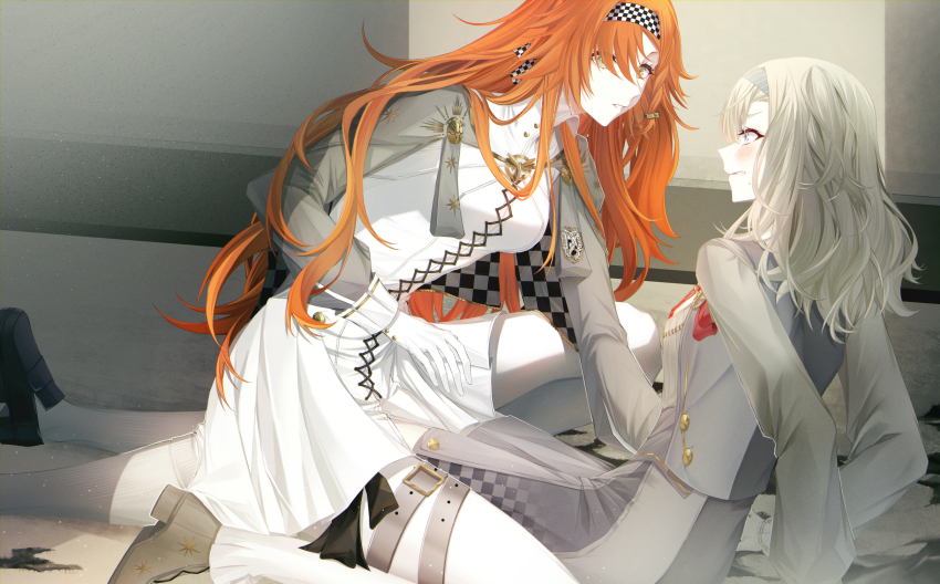 2girls blue_hairband blush checkered_hairband commentary dress english_commentary gloves green_eyes grey_eyes grey_hair grey_jacket grey_skirt hairband highres indoors jacket light_particles long_hair long_sleeves looking_at_another matilda_bouanich multiple_girls one_side_up orange_hair pantyhose parted_lips reverse:1999 sieka_(piiroinardesco) skirt sonetto_(reverse:1999) straddling sweatdrop thigh_strap white_dress white_gloves white_pantyhose yuri