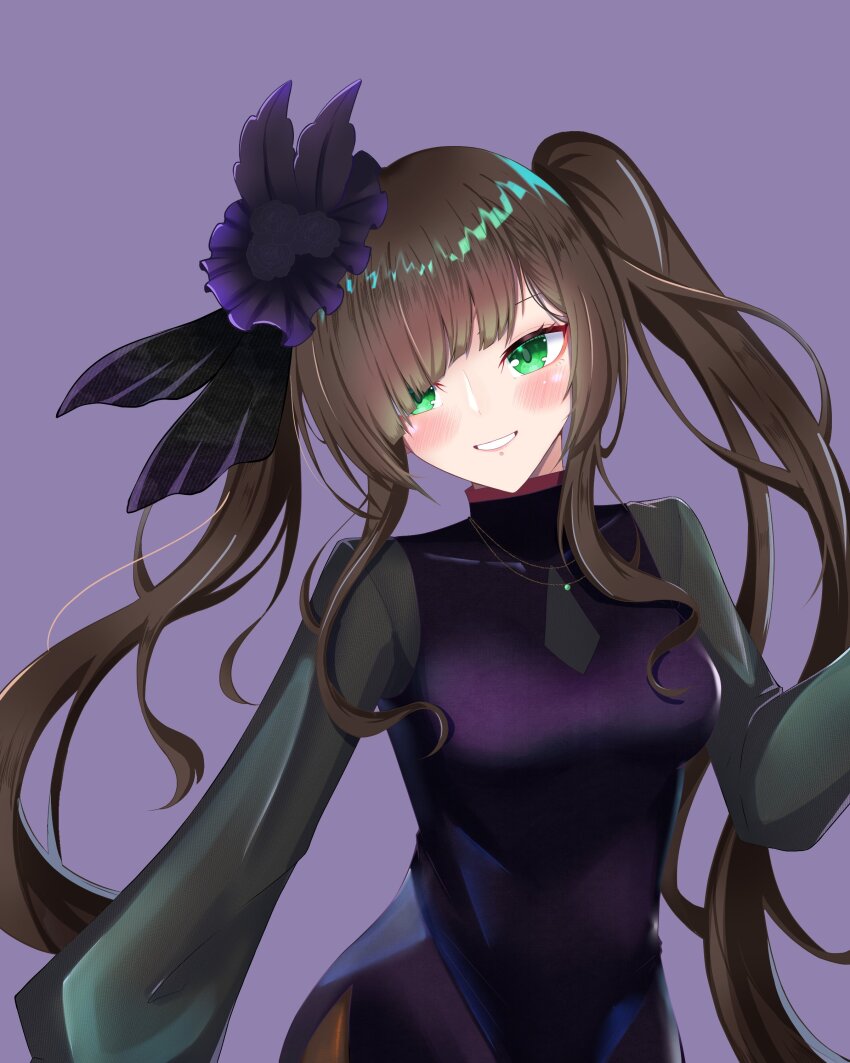 1girl absurdres assault_lily black_feathers black_flower black_ribbon black_rose blush breasts brown_hair brown_pantyhose commentary_request diagonal_bangs dress feather_hair_ornament feathers flower gem green_dress green_eyes green_gemstone grin hair_flower hair_ornament hair_ribbon hand_up highres jewelry kamigoori_marimo layered_dress long_hair long_sleeves looking_at_viewer medium_breasts nanakusa_yukiusagi necklace pantyhose parted_lips pendant purple_background purple_dress ribbon rose side_slit simple_background smile solo standing twintails two-tone_dress upper_body very_long_hair wavy_hair wide_sleeves