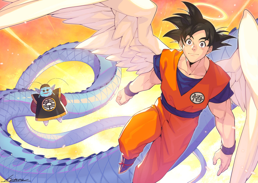 2boys angel_wings antenna_hair arms_behind_back black_eyes black_hair blue_skin chinese_clothes colored_skin dougi dragon_ball dragonball_z feathered_wings floating halo highres kotatsu_(g-rough) male_focus multiple_boys muscular muscular_male north_kaiou pointy_ears smile snake_way son_goku sunglasses traditional_halo wings wristband