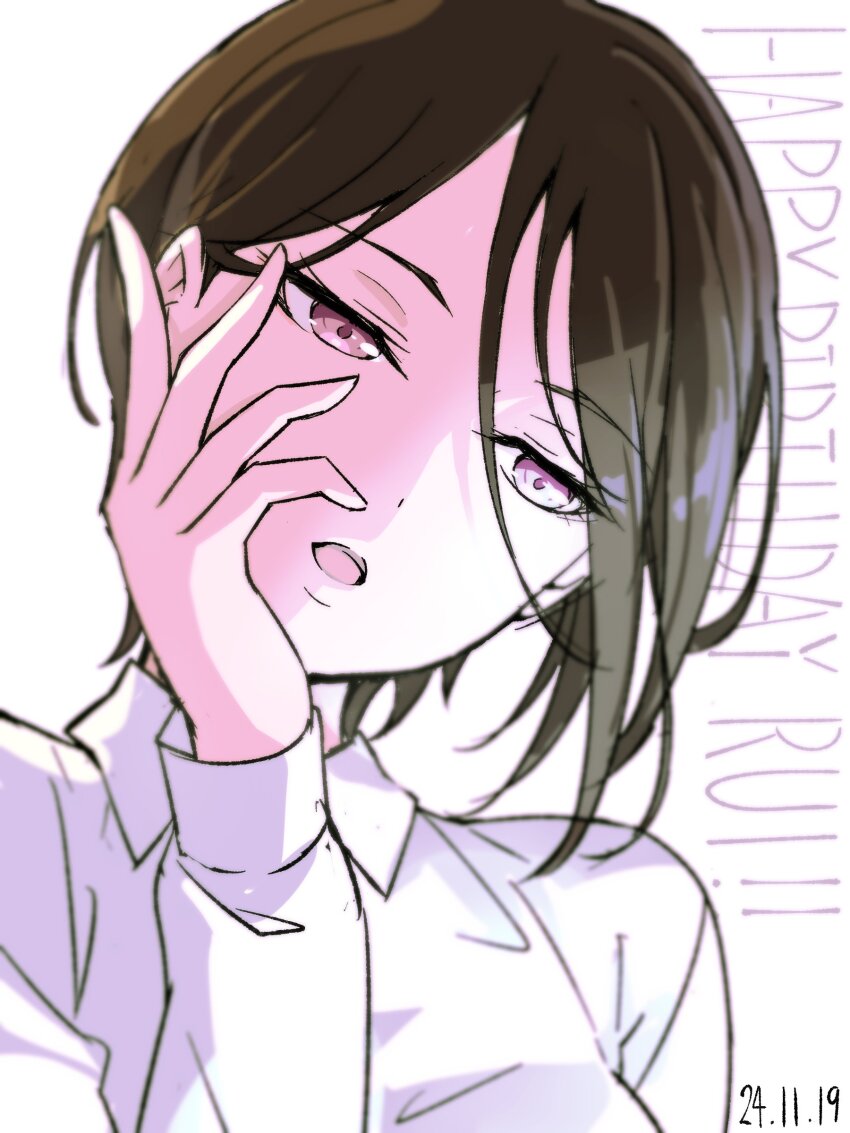 1girl absurdres asymmetrical_hair bang_dream! black_hair blush dated hair_between_eyes happy_birthday highres looking_at_viewer nobusawa_osamu open_mouth short_hair simple_background white_background yashio_rui