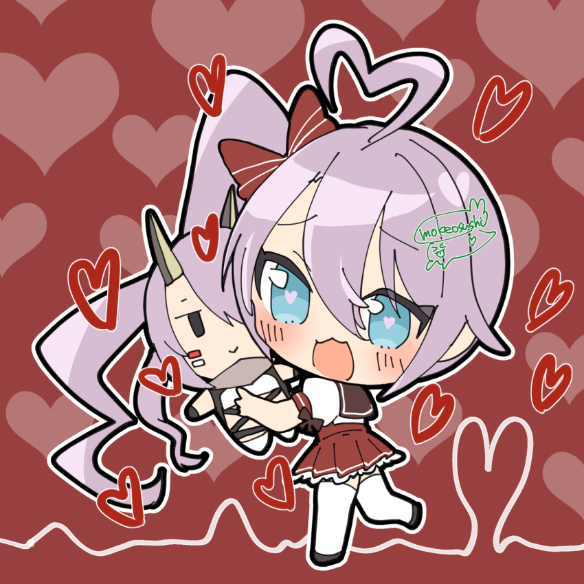 1girl :3 ahoge azur_lane black_shoes blue_eyes blush bow brown_sailor_collar character_doll chibi commentary_request full_body hair_between_eyes heart heart-shaped_pupils heart_ahoge heart_background high_side_ponytail highres indianapolis_(at_school_with_my_sister...)_(azur_lane) indianapolis_(azur_lane) looking_at_viewer mokeosushi open_mouth pleated_skirt portland_(at_school_with_indy!)_(azur_lane) portland_(azur_lane) puffy_short_sleeves puffy_sleeves purple_hair red_background red_bow red_skirt sailor_collar school_uniform serafuku shirt shoes short_sleeves siscon skirt smile solo symbol-shaped_pupils thighhighs white_shirt white_thighhighs
