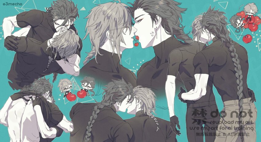 2boys aqua_background artist_name back braid braided_ponytail cherry chibi closed_eyes clothes_lift commentary_request compression_shirt covered_collarbone cowboy_shot earrings emu_(3mecho) eyeshadow facing_away food from_behind fruit glasses gloves greyscale_with_colored_background highres hug jewelry jiyan_(wuthering_waves) kiss lifting_another&#039;s_clothes long_hair looking_at_another makeup male_focus median_furrow mortefi_(wuthering_waves) multiple_boys multiple_views open_mouth pants pectorals scales shirt shirt_lift short_sleeves single_braid spot_color standing tacet_mark_(wuthering_waves) teeth triangle turtleneck twitter_username upper_body very_long_hair watermark wuthering_waves yaoi