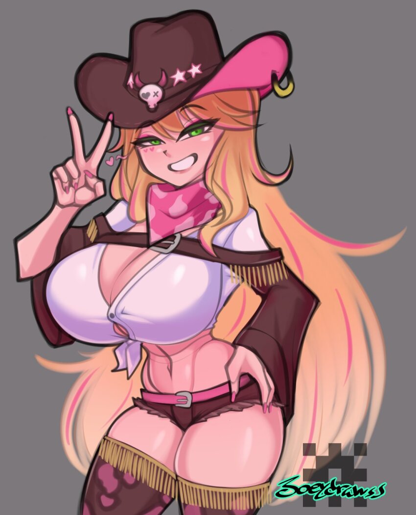 1girl :d animal_print artist_name bandana belt_buckle blonde_hair boots breasts brown_footwear brown_shorts buckle cleavage commentary cow_print cowboy_hat cowgirl_(western) english_commentary eyeshadow facial_mark fingernails green_eyes grey_background grin hand_on_own_hip hat heart heart_facial_mark highres joeydrawss large_breasts lulu_lasso makeup nexas_(vtuber) open_mouth pink_bandana pink_eyeshadow pink_hair pink_nails shirt shoes shorts smile solo thick_thighs thigh_boots thighs tied_shirt virtual_youtuber white_shirt
