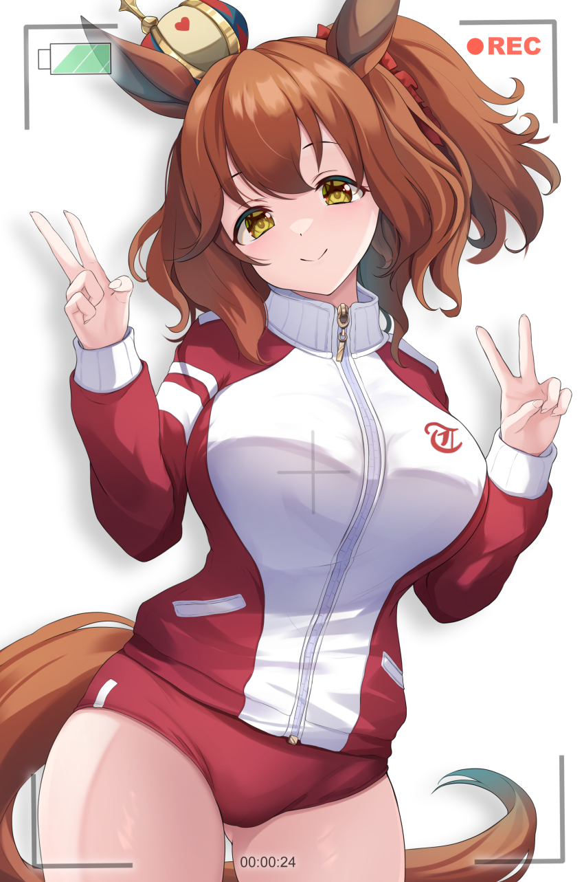 1girl absurdres animal_ears aston_machan_(umamusume) breasts brown_hair closed_mouth crown double_v highres horse_ears horse_girl horse_tail large_breasts looking_at_viewer maimuu smile solo tail tracen_training_uniform umamusume v yellow_eyes