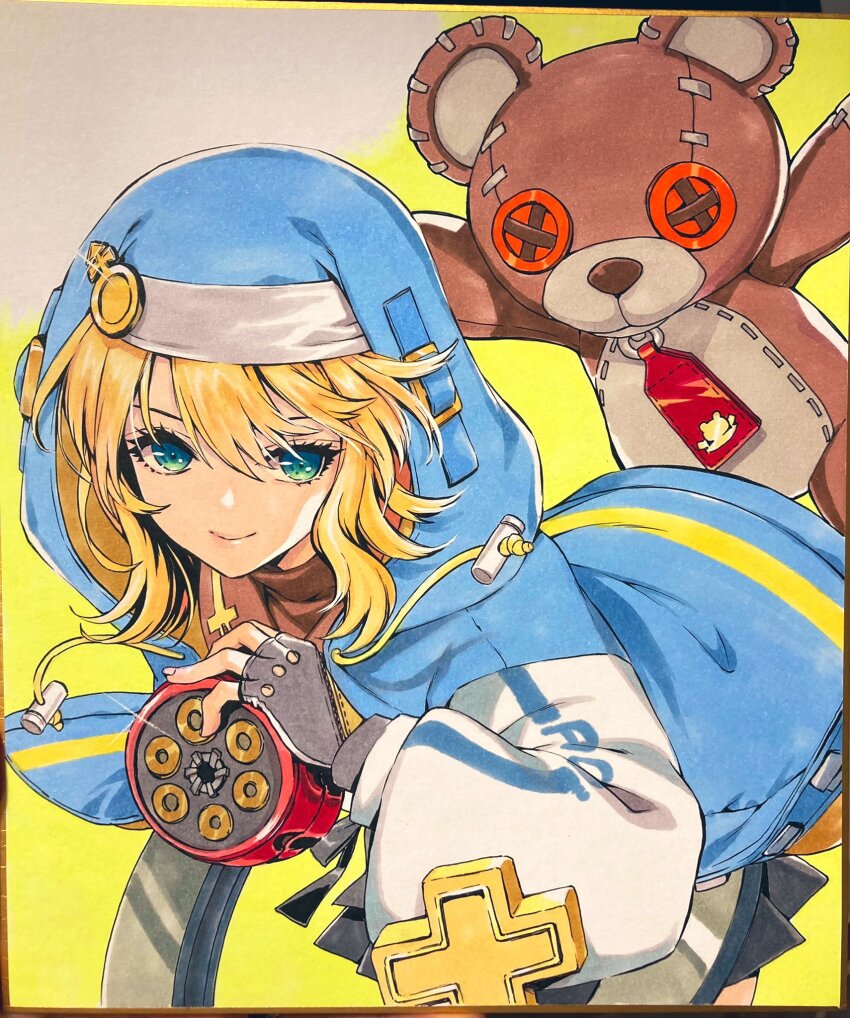 1boy androgyne_symbol aqua_eyes black_gloves black_skirt blonde_hair bridget_(guilty_gear) cuffs fingerless_gloves gloves guilty_gear guilty_gear_strive habit handcuffs highres hood hood_up hooded_jacket hoodie jacket long_sleeves looking_at_viewer male_focus medium_hair puffy_long_sleeves puffy_sleeves roger_(guilty_gear) shirahane_nao skirt stuffed_animal stuffed_toy teddy_bear traditional_media trap yo-yo