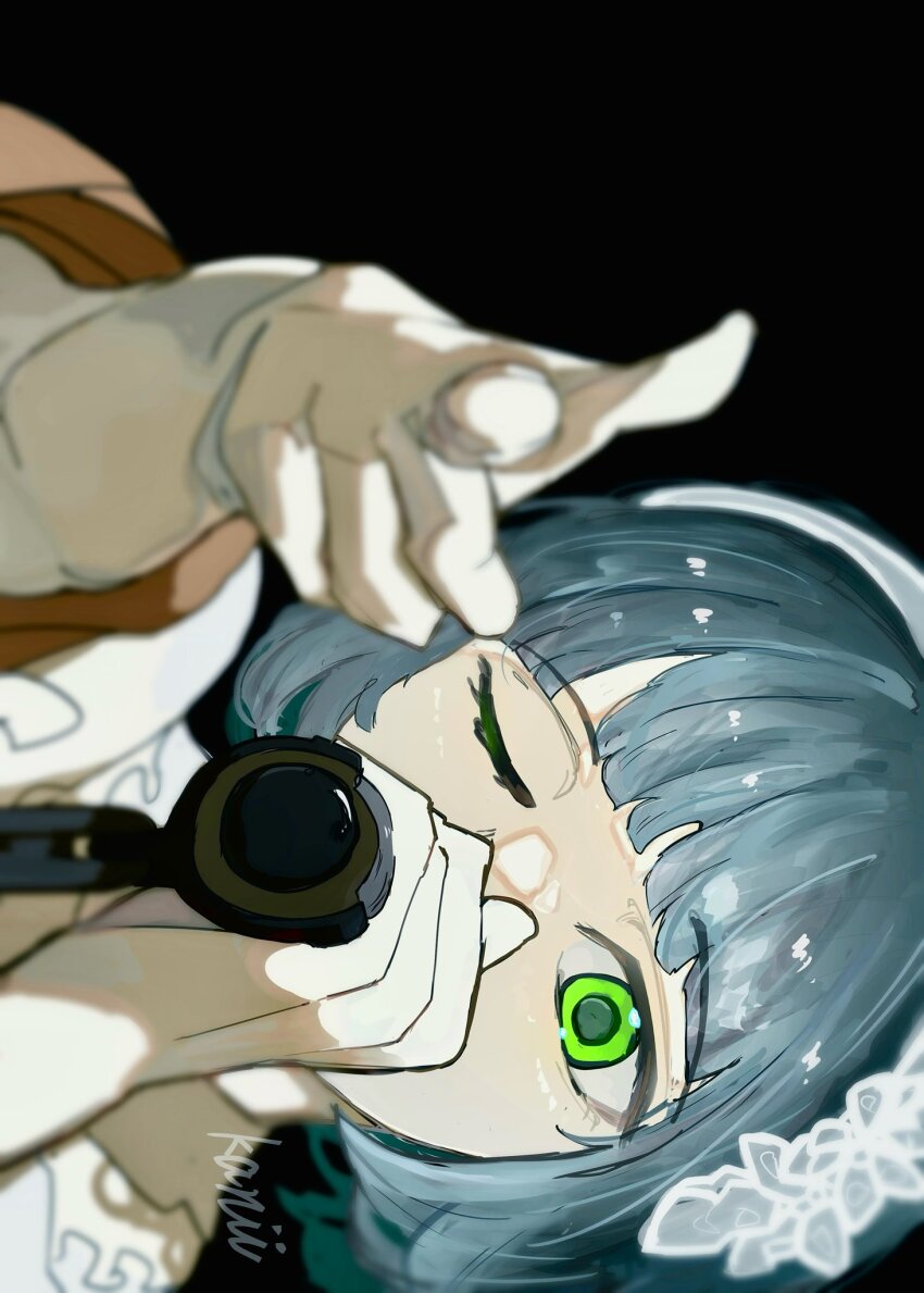 1girl 4th_live_dream_~bloom_the_dream_believers~ aoku_haruka/flower artist_name black_background black_hair blunt_bangs blunt_ends blurry blurry_foreground bob_cut bongore2668 commentary covering_own_mouth depth_of_field dress finger_gun foreshortening green_eyes hairband haji_wa_jinsei_no_kakisute hand_over_own_mouth highres holding holding_microphone link!_like!_love_live! looking_at_viewer love_live! microphone momose_ginko official_alternate_costume one_eye_closed outstretched_arm pointing pointing_at_viewer portrait short_hair sideways signature simple_background solo symbol-only_commentary virtual_youtuber white_dress white_hairband