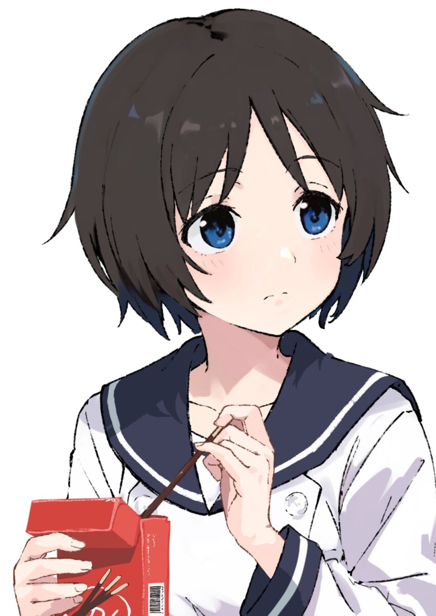 1girl bag blue_eyes blue_sailor_collar blush brown_hair buttons closed_mouth commentary double-breasted english_commentary eyelashes fingernails food ga-rei ga-rei_zero highres holding holding_bag holding_food holding_pocky long_sleeves looking_to_the_side parted_bangs parted_hair pocky rauto red_bag sailor_collar school_uniform serafuku shirt short_hair sideways_glance simple_background solo tsuchimiya_kagura upper_body white_background white_shirt