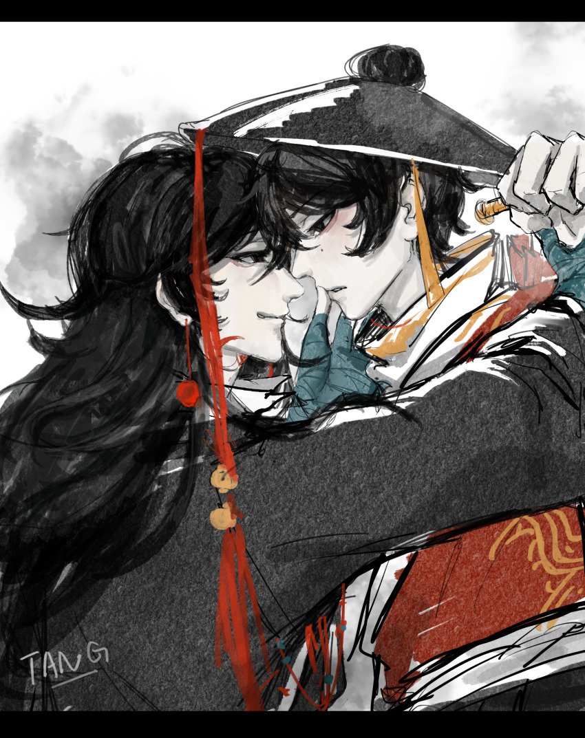 2boys absurdres ajirogasa black_eyes black_hair black_hat black_shirt cen_boyao chinese_commentary colored_skin commentary_request earrings hair_bun hat highres hsouppppppp jewelry letterboxed long_hair long_sleeves male_focus mole mole_under_eye multiple_boys noses_touching shirt short_hair smile touqi_guaitan white_skin zhao_yuwen
