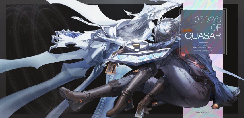 1boy artist_name bad_link belt belt_pouch black_hair black_shirt blue_eyes blue_jacket border brown_belt brown_footwear brown_gloves card crossed_arms denim duel_disk duel_monster elbow_gloves energy_ring english_text facing_to_the_side flying fudo_yusei gloves grey_background highres holding holding_card huddle jacket jeans knee_pads knees_up leaning_forward looking_to_the_side male_focus mecha mechanical_arms mechanical_legs mechanical_wings momentcorefly on_ground open_clothes open_jacket ornate_border pants pouch robot shirt shooting_quasar_dragon source_request spiked_hair twitter_username wings yu-gi-oh! yu-gi-oh!_5d&#039;s