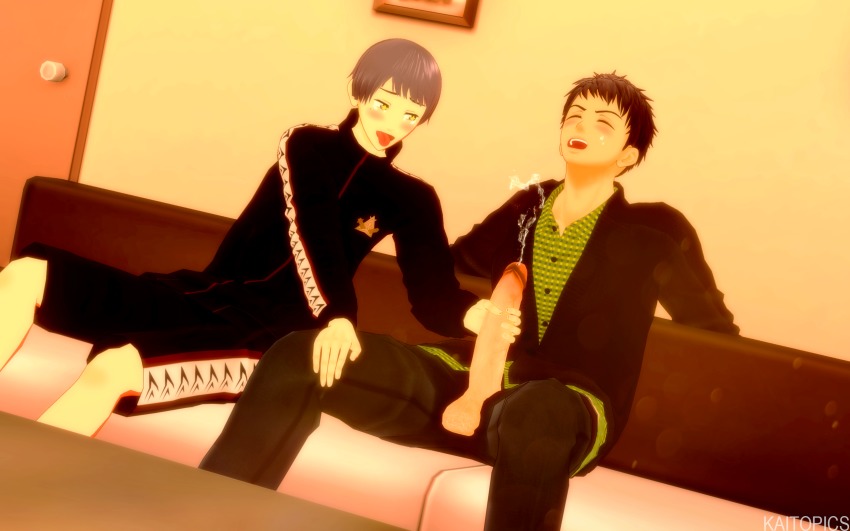 10s 2boys 3d black_hair blue_eyes blush cum erection free! grey_hair highres kaitopics masturbation mole multiple_boys nitori_aiichirou open_fly penis school_uniform tagme uncensored yamazaki_sousuke yaoi